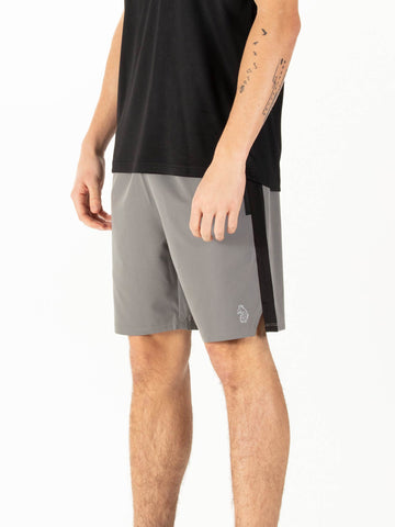 Men's grey shorts with drawstring waistband.
