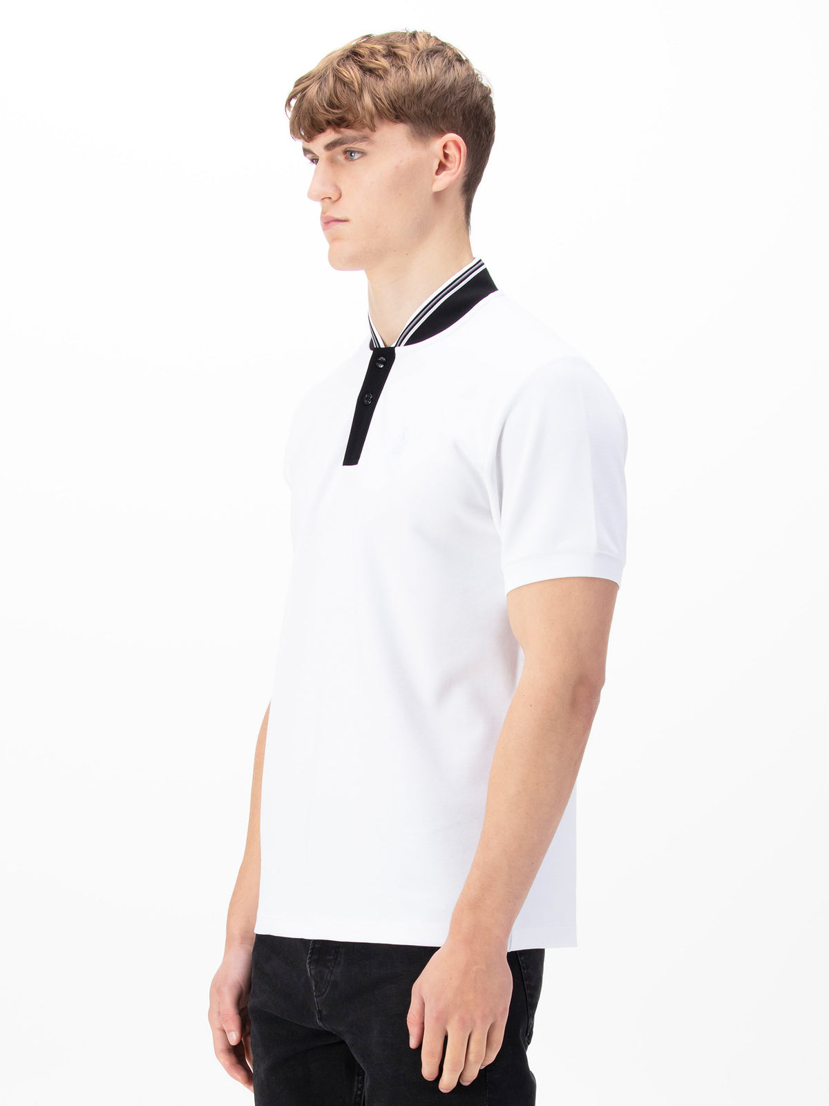 Men's white polo shirt with polo collar.
