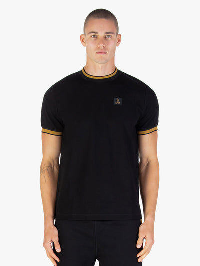 Men's black t-shirt with crew neck and short sleeves, worn by a model, front view