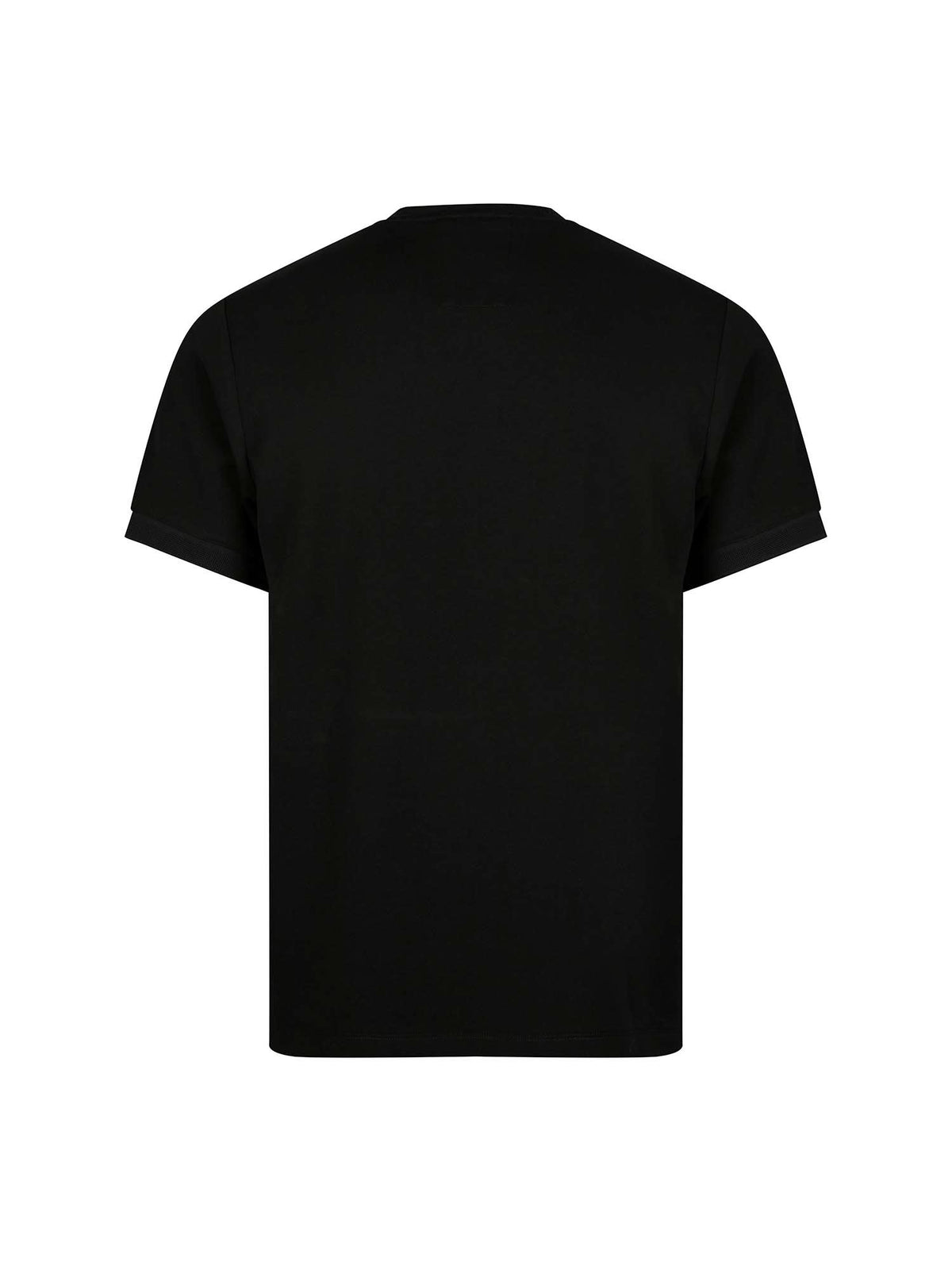 Men's black t-shirt with crew neck and short sleeves, side view