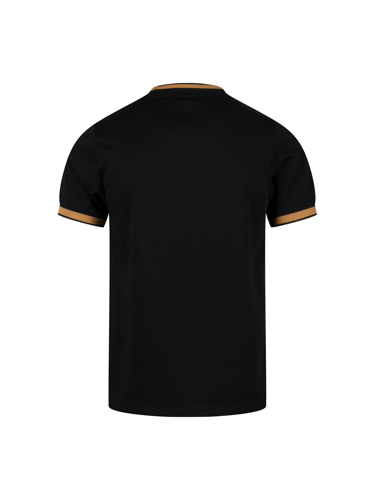 Men's black t-shirt with crew neck and short sleeves, side view