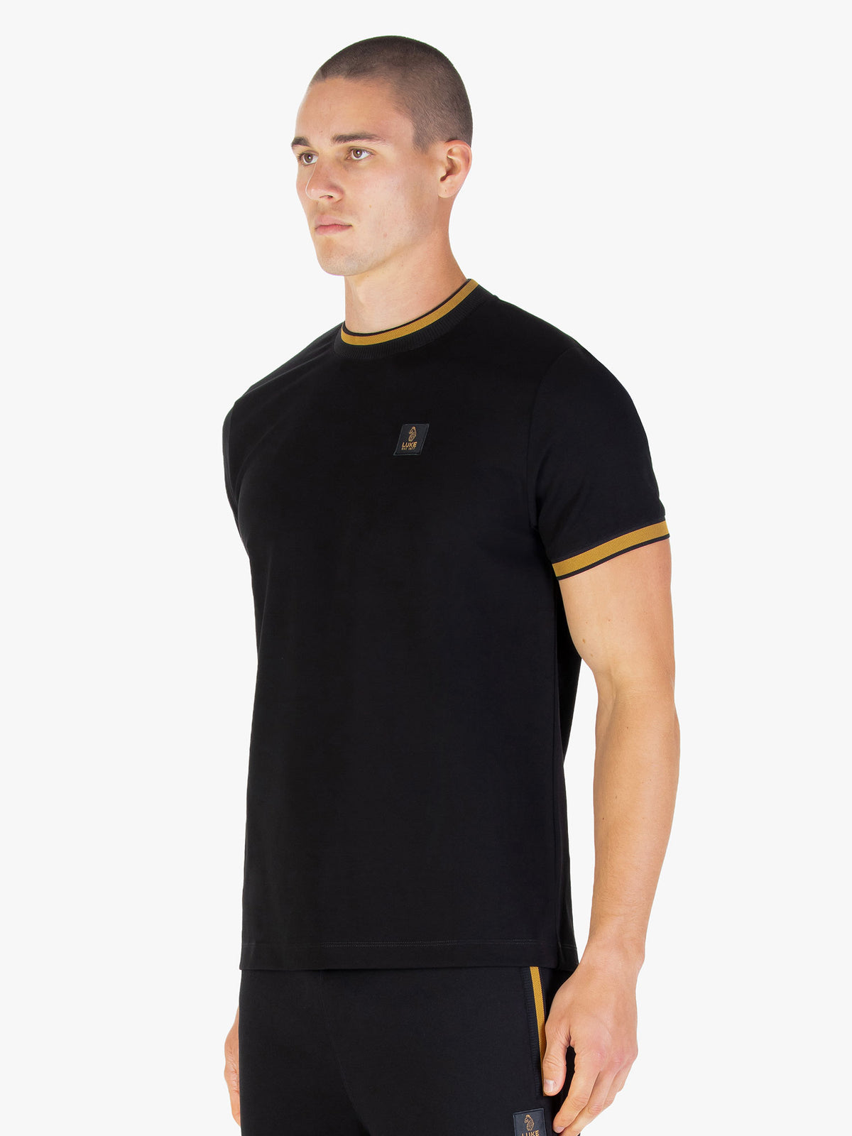 Men's black t-shirt with crew neck and short sleeves, worn by a model, side view