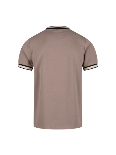 Men's brown t-shirt with crew neck and short sleeves worn by a model - front view.