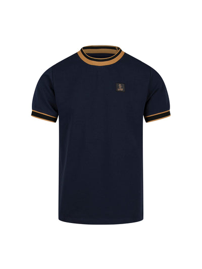 Men's navy t-shirt with crew neck and short sleeves - front view.