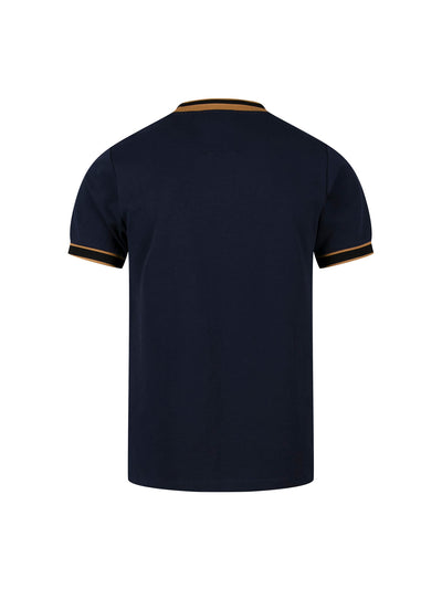 Men's navy t-shirt with crew neck and short sleeves worn by a model - front view.