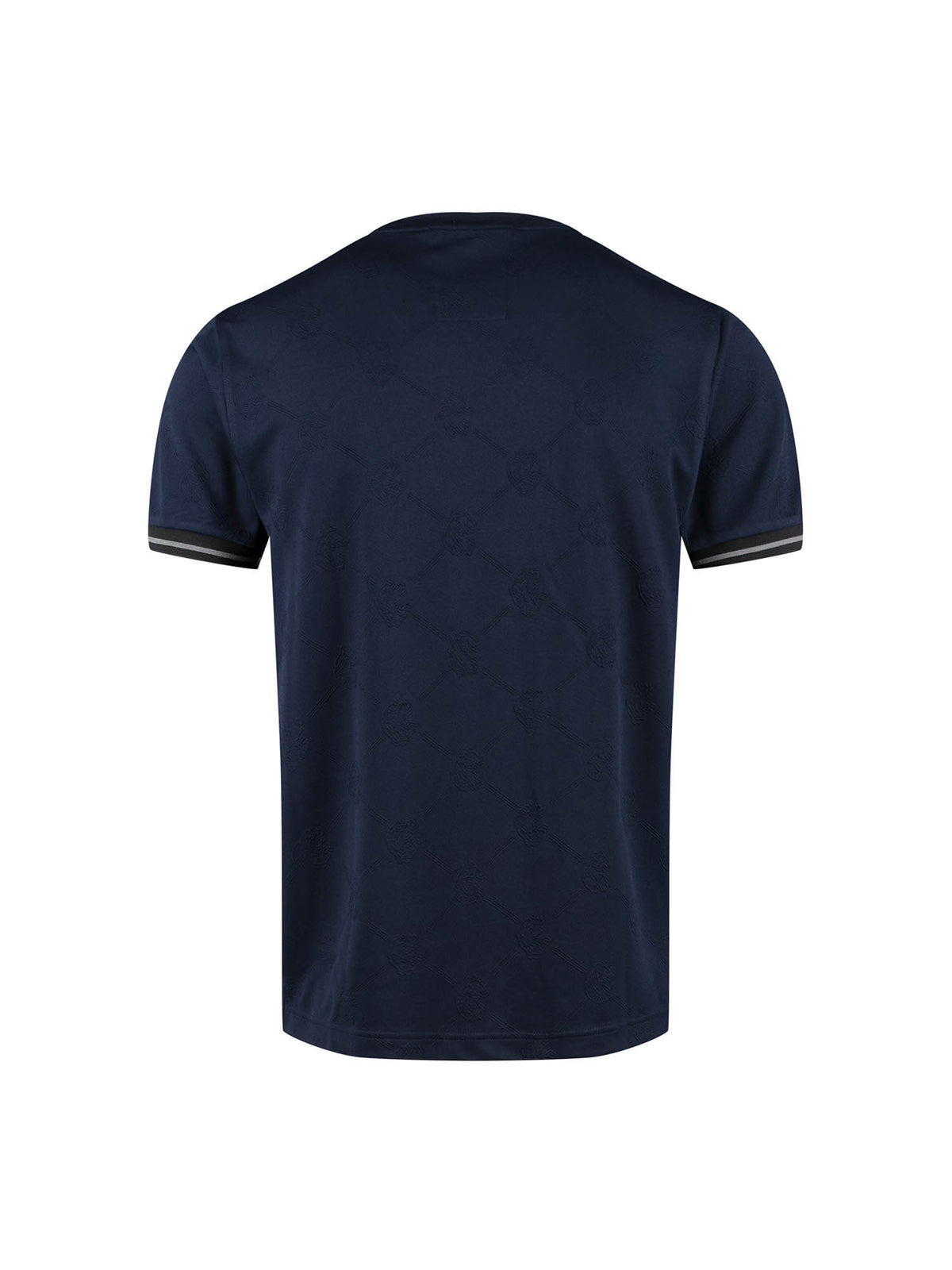 Men's navy t-shirt with crew neck and short sleeves worn by a model - front view.