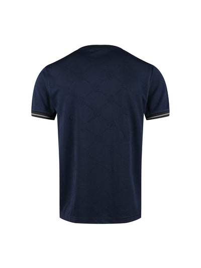 Men's navy t-shirt with crew neck and short sleeves worn by a model - front view.