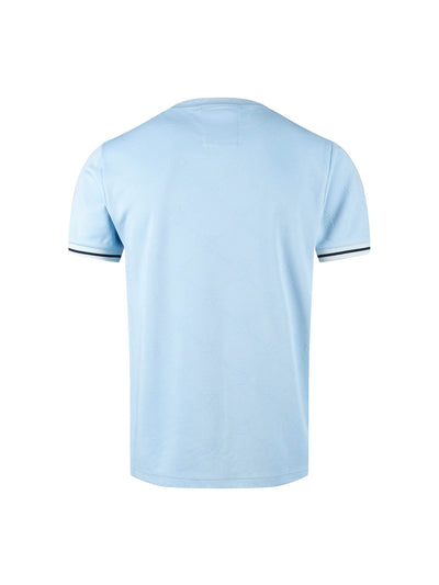 Men's blue t-shirt with crew neck and short sleeves worn by a model - front view.