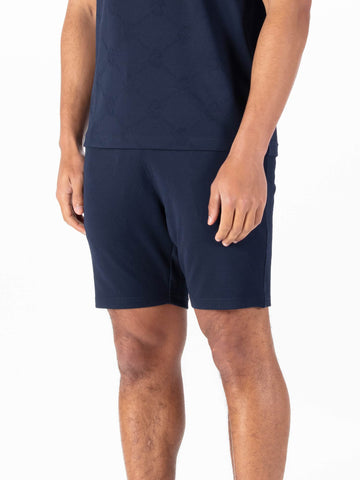 Men's navy shorts with drawstring waistband.