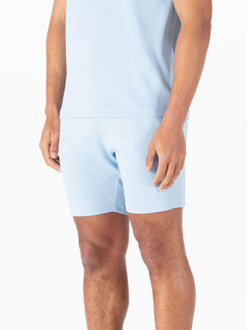 Men's blue shorts with drawstring waistband.