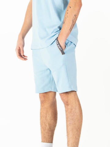Men's blue shorts with drawstring waistband.