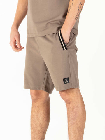 Men's brown shorts with drawstring waistband.