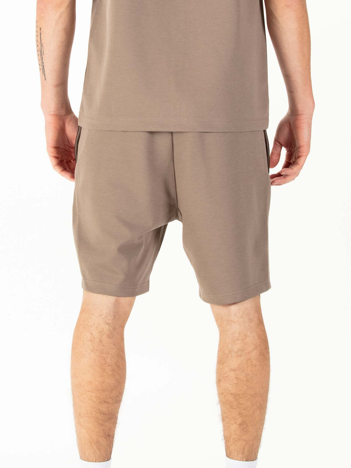 Men's brown shorts with drawstring waistband.