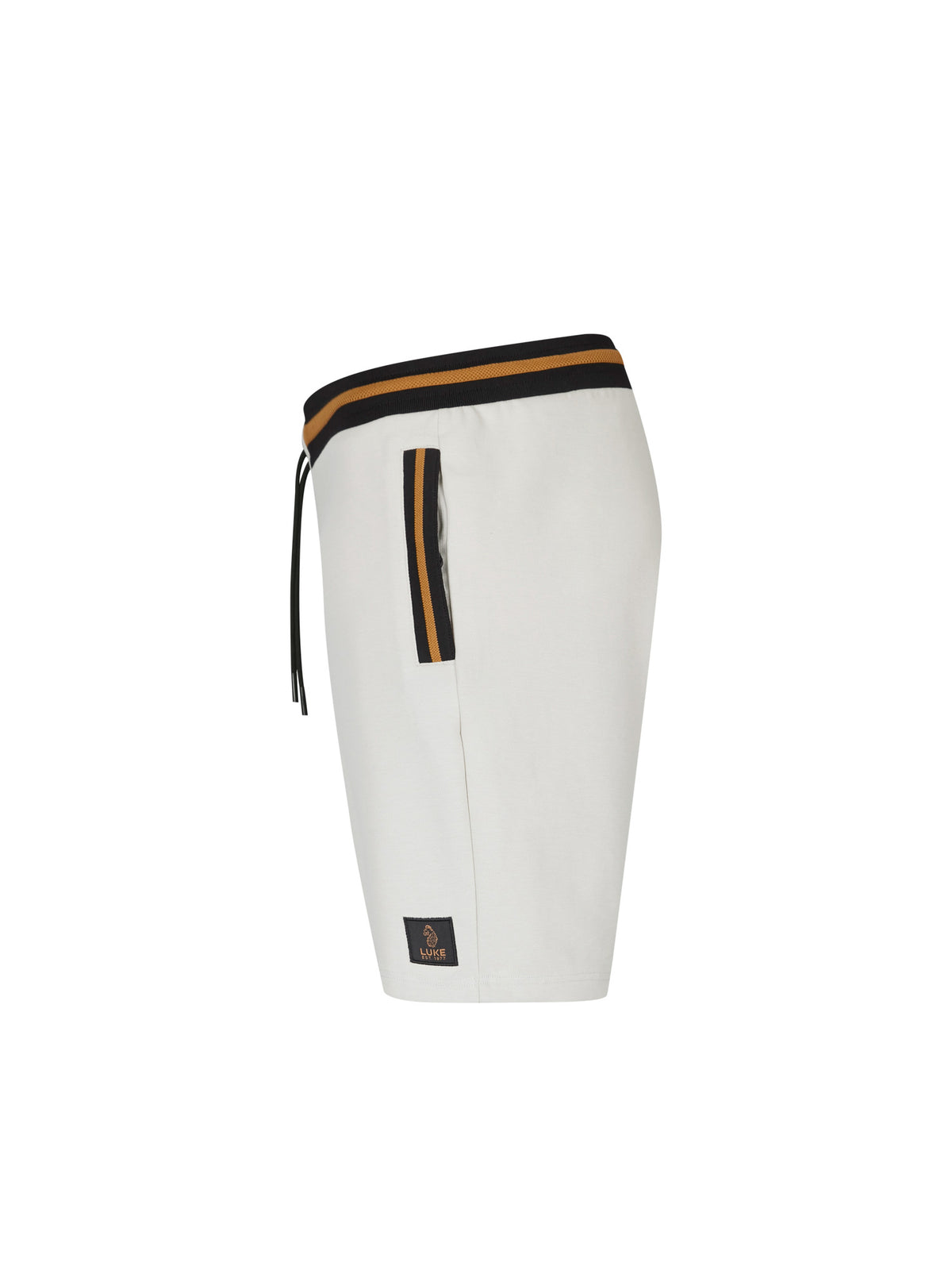 Men's grey shorts with drawstring waistband, side view