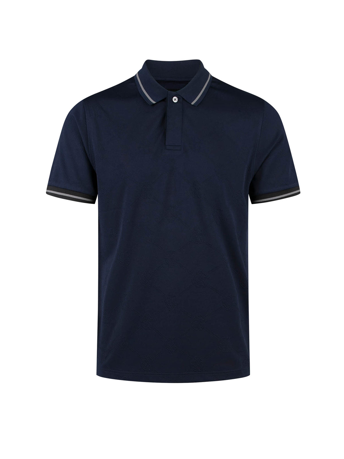 Men's navy polo shirt with polo collar.
