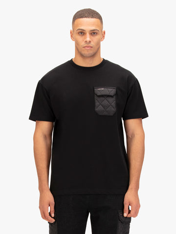 Men's black t-shirt with crew neck and short sleeves worn by a model - front view.