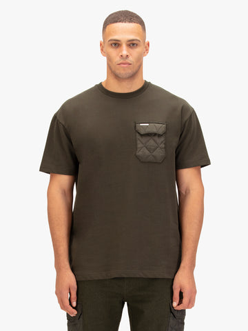 Men's green t-shirt with crew neck and short sleeves worn by a model - front view.