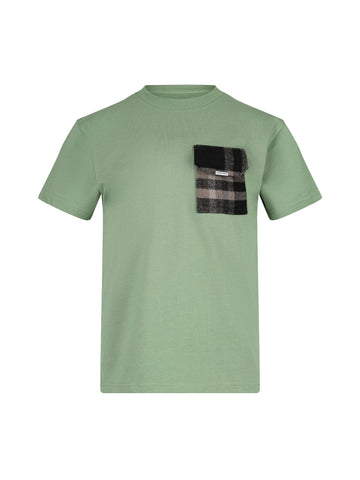 Boy's green t-shirt with cotton and checked, front view