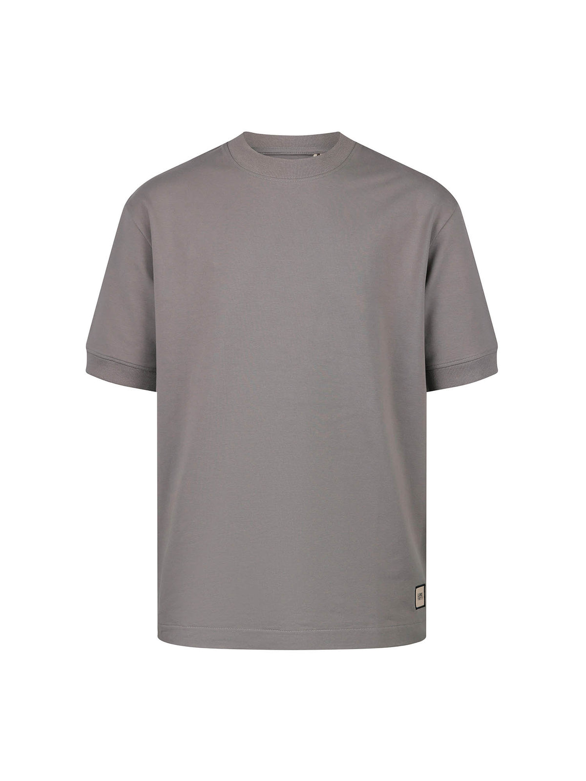 Men's grey t-shirt with crew neck and short sleeves - front view.