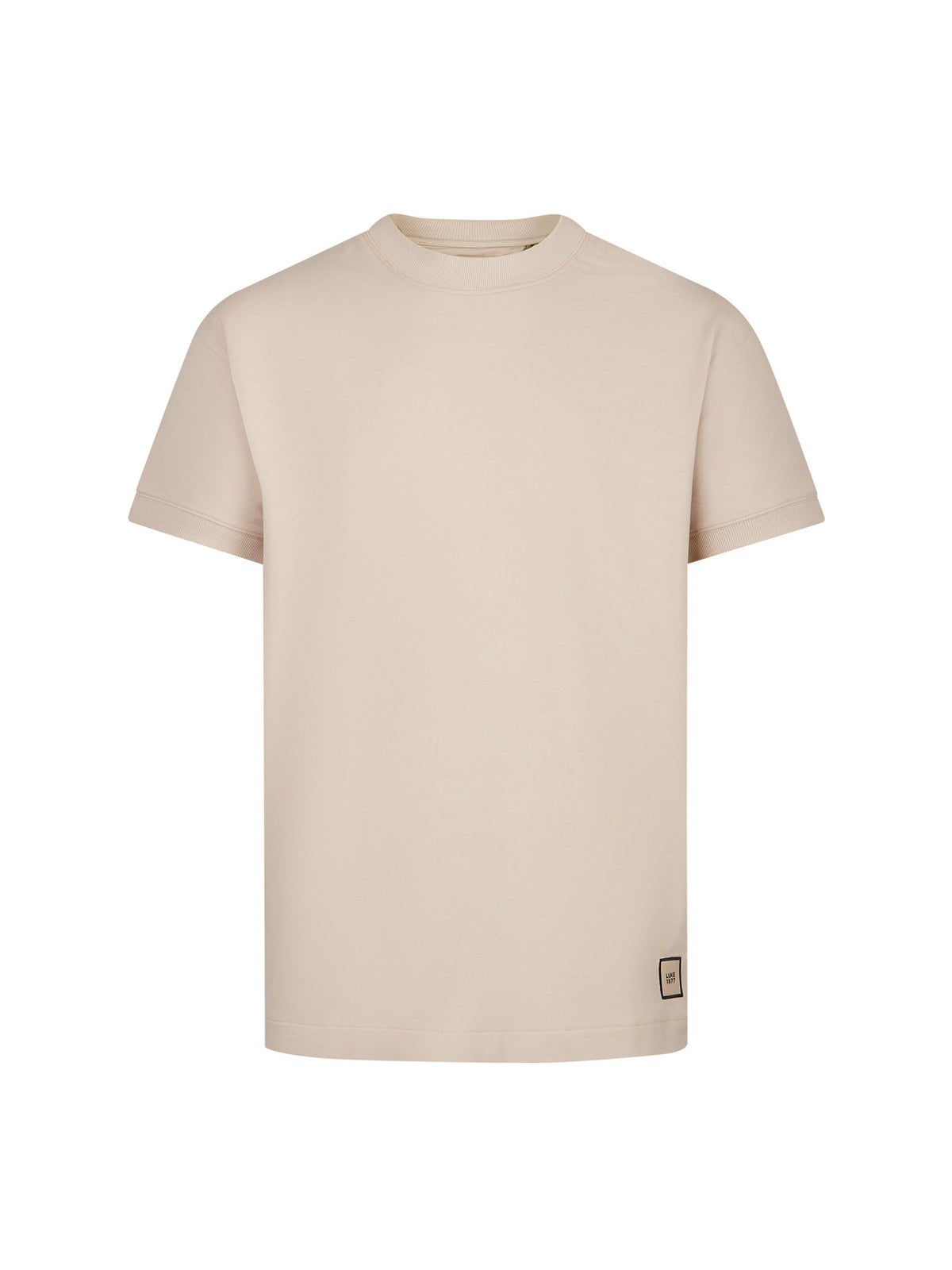 Men's relaxed-fit beige t-shirt with crew neck and short sleeves, front view