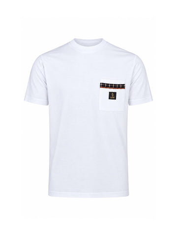 LUKE 1977 Kirk men's check pocket t-shirt in white with bi-colour woven lion head badge