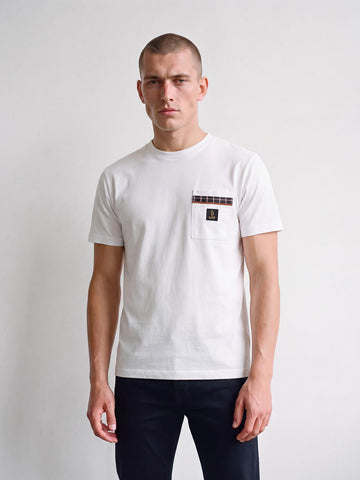 Man wearing white LUKE 1977 Kirk check pocket t-shirt with dark trousers, front view