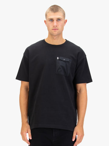 Men's black t-shirt with crew neck and short sleeves worn by a model - front view.
