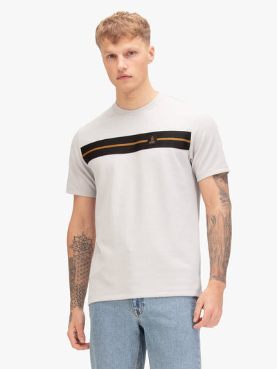 Men's grey t-shirt with crew neck and short sleeves, worn by a model, front view