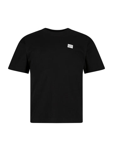 Boy's black cotton t-shirt  with printed logo, front view