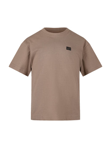 Boy's brown cotton t-shirt  with printed logo, front view
