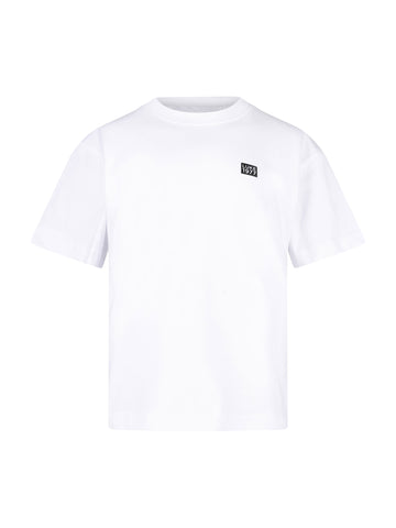 Boy's white t-shirt with cotton and logo print, front view