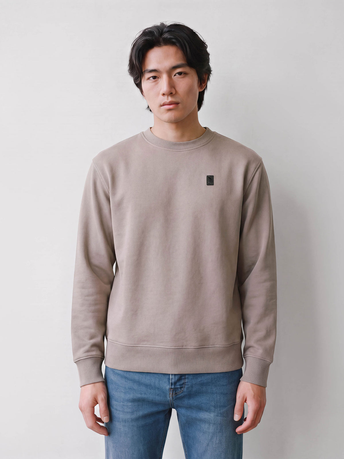 Man wearing stone LUKE 1977 Parker crew neck sweatshirt with jeans, front view