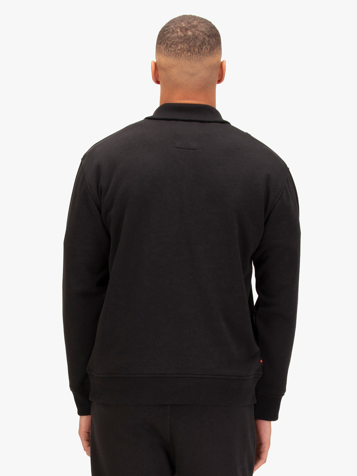 Back view of black LUKE 1977 Jan Jose quarter zip sweatshirt worn by model