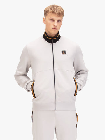 Men's grey sweatshirt with mock neck, worn by a model, front view