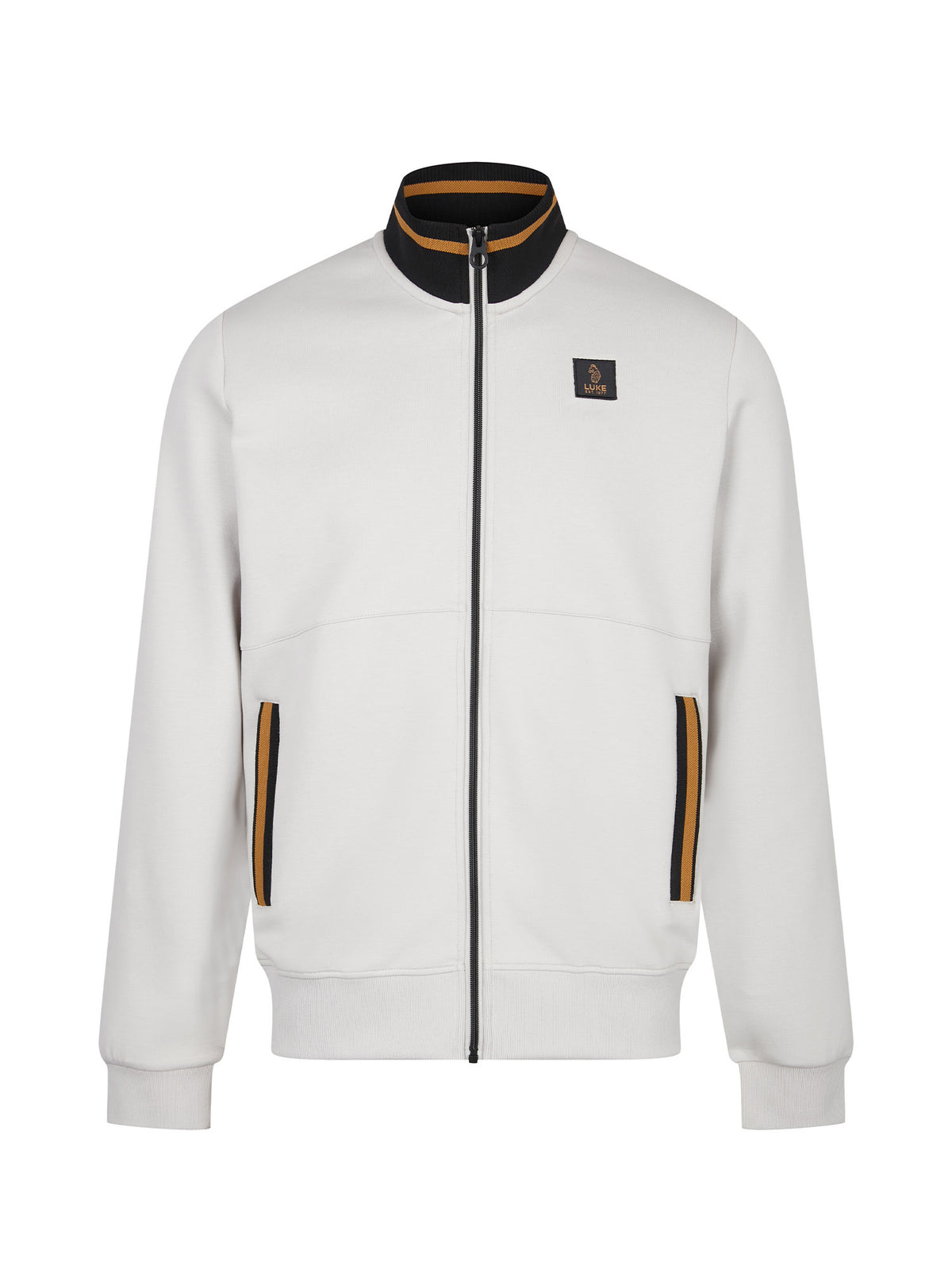 LUKE 1977 Makati men's zip through cotton pique sweatshirt in ice grey with black and gold rib