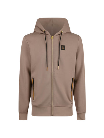 Men's brown hoodie with front pocket and drawstring hood.