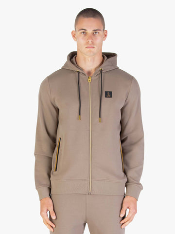 Men's brown hoodie with front pocket and drawstring hood.