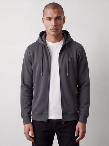 Man wearing open charcoal LUKE 1977 Makati zip through hoodie over white t-shirt, front view
