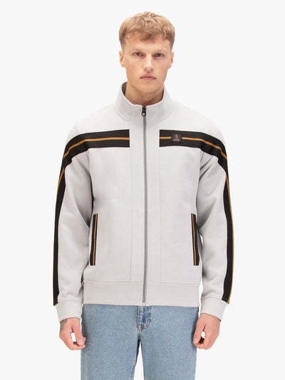 Men's grey sweatshirt with front pocket, worn by a model, front view