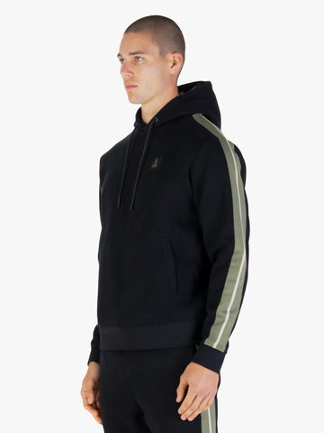Men's black hoodie with front pocket and drawstring hood.