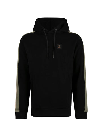 Men's black hoodie with front pocket and drawstring hood.