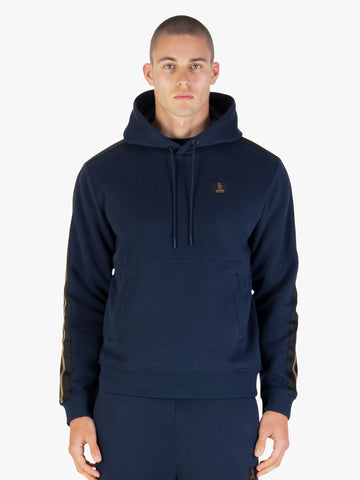 Men's navy hoodie with front pocket and drawstring hood.