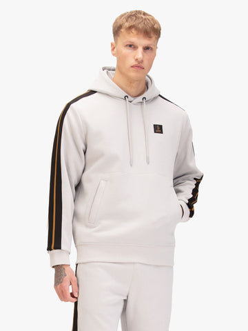 Men's grey hoodie with front pocket and drawstring hood, worn by a model, front view