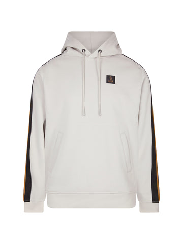 Men's grey hoodie with front pocket and drawstring hood, front view