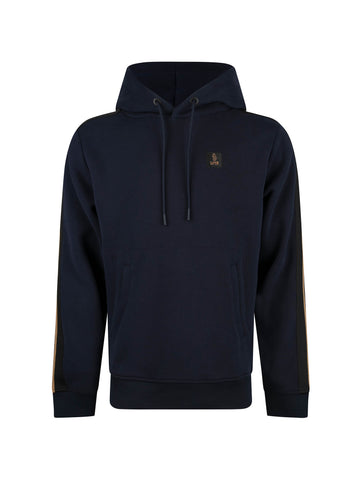 Men's navy hoodie with front pocket and drawstring hood.