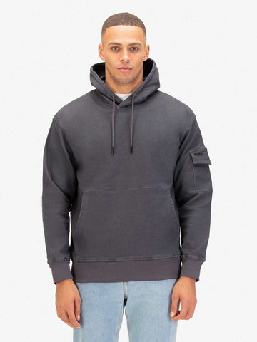 Men's grey hoodie with front pocket and drawstring hood.