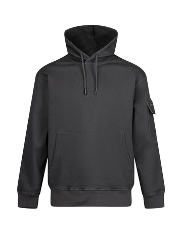 Men's grey hoodie with front pocket and drawstring hood.
