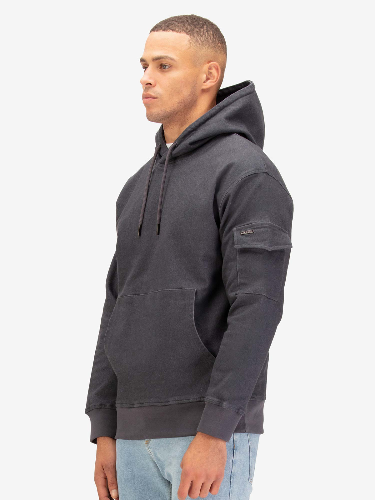 Men's grey hoodie with front pocket and drawstring hood.