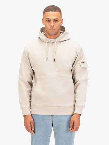 Men's beige hoodie with front pocket and drawstring hood.