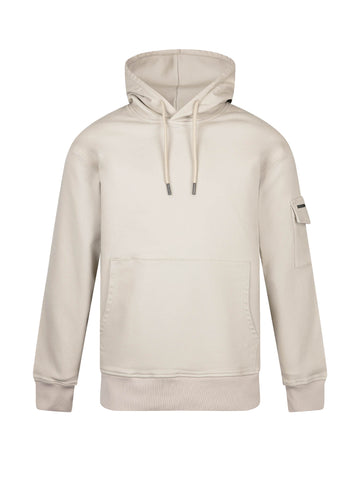 Men's beige hoodie with front pocket and drawstring hood.